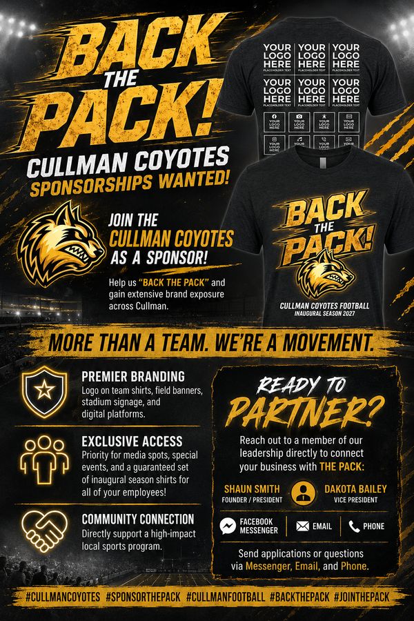 Cullman Coyotes sponosorship poster outlining the benefits of becoming a sponsor